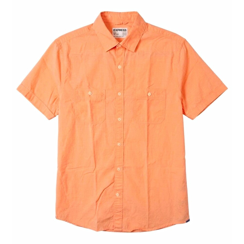 Express Mens Shirt M Peach Slim Fit Button Up Short Sleeve Pockets Cotton